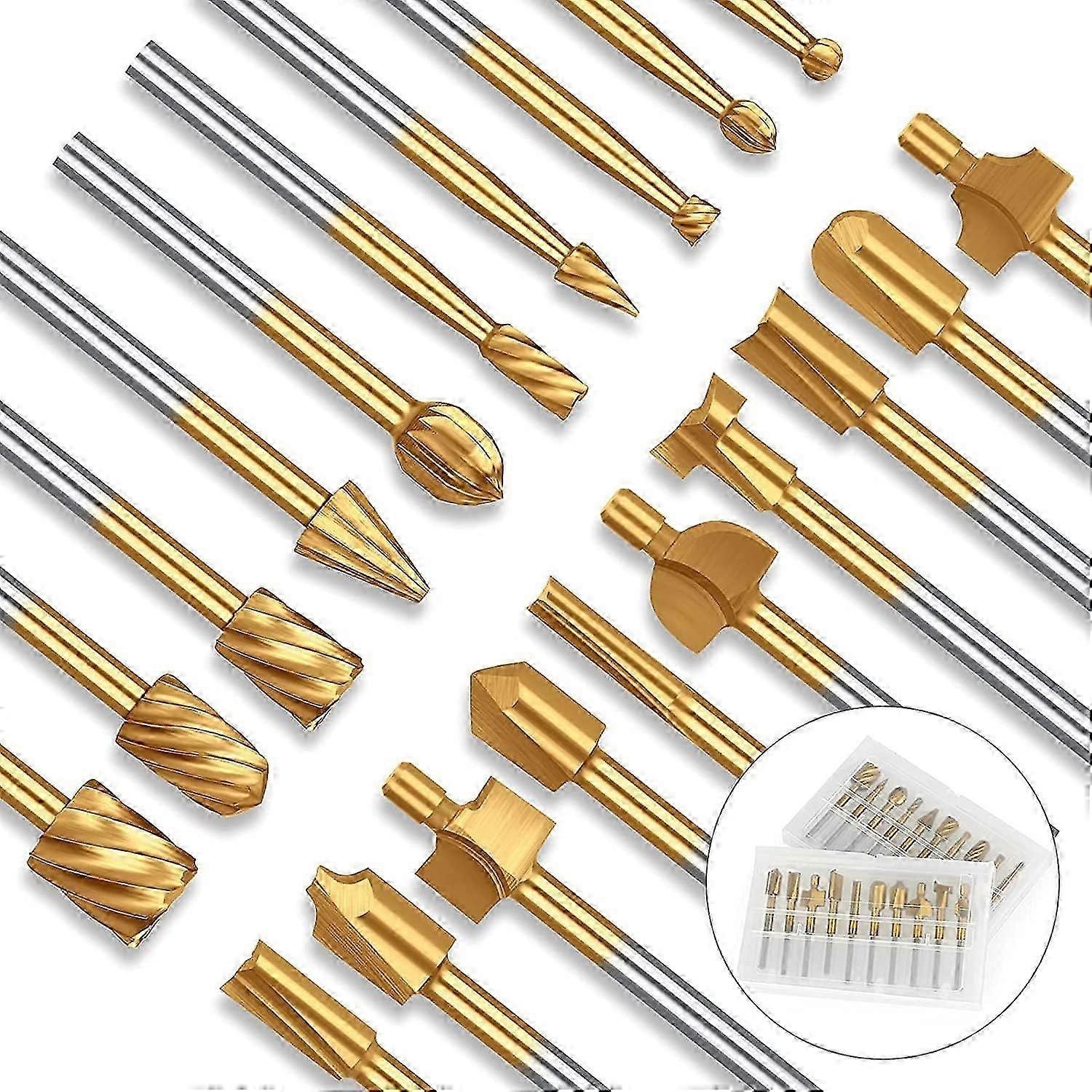 Titanium Coated 20-Piece Router Bit Set Including 10 Pcs Router Carbide Engraving Bits and 10 Pcs Wood Router Bits