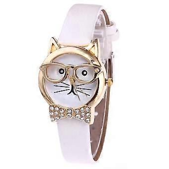 Carino Cat Face Quadrante Rotondo Strass Finto Orologio Da Polso Al Quarzo Bianco