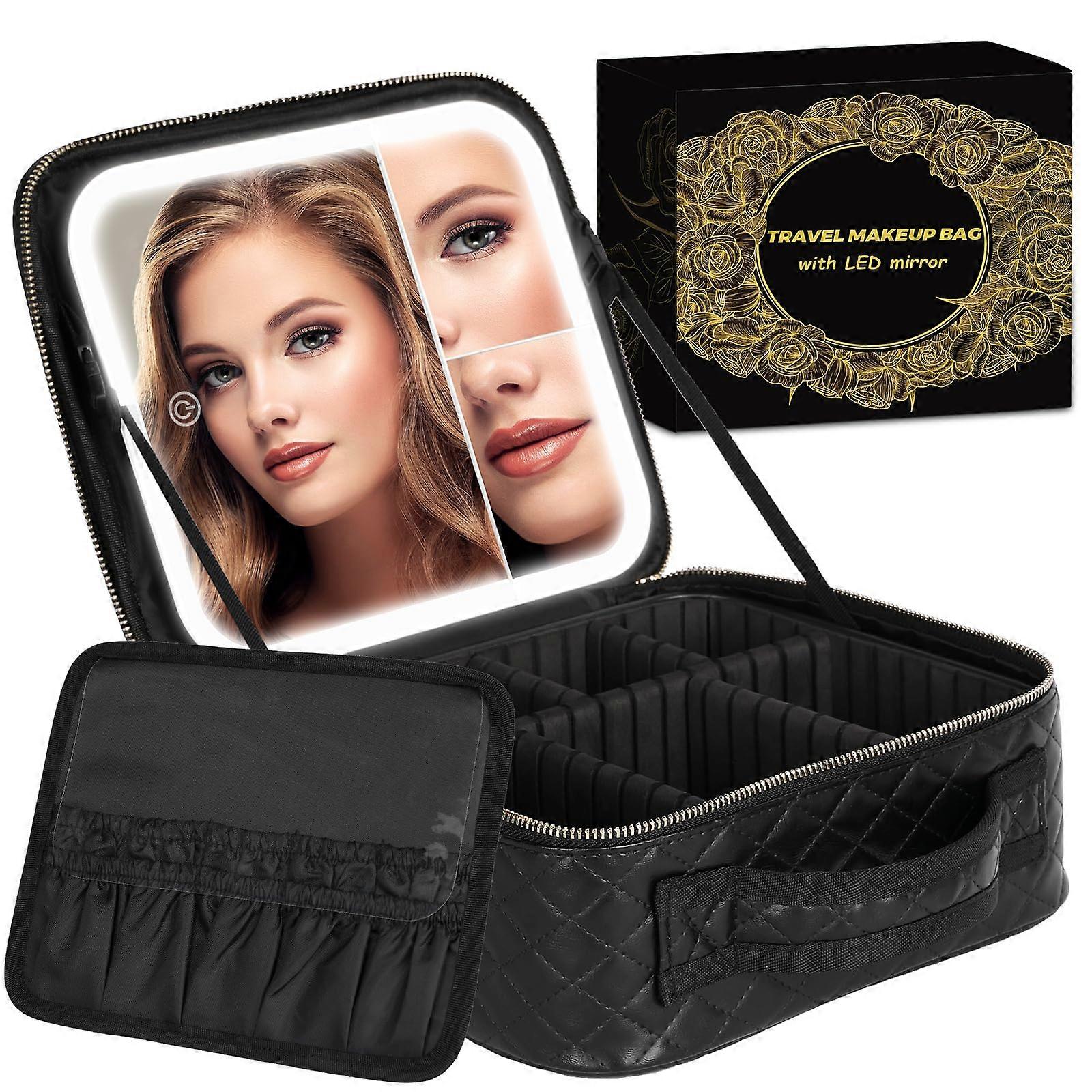 Makeup Bag with LED Mirror and Travel Makeup Train Case Cosmetic Organiser with 2X3X Magnifying Mirror