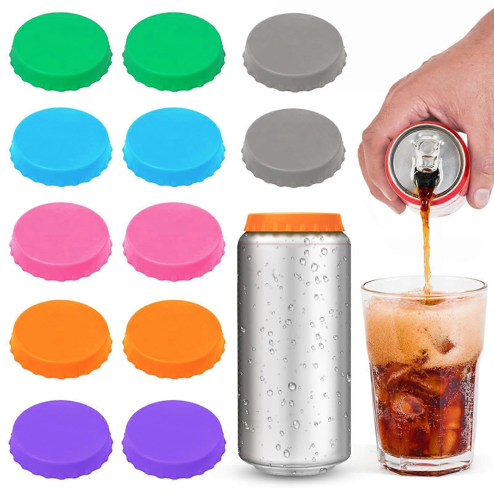 6-pack of BPA-free reusable silicone soda can lids with stoppers and sleeves for soda, beer, drinks, juice, and Coca-Cola. Fits standard cans.