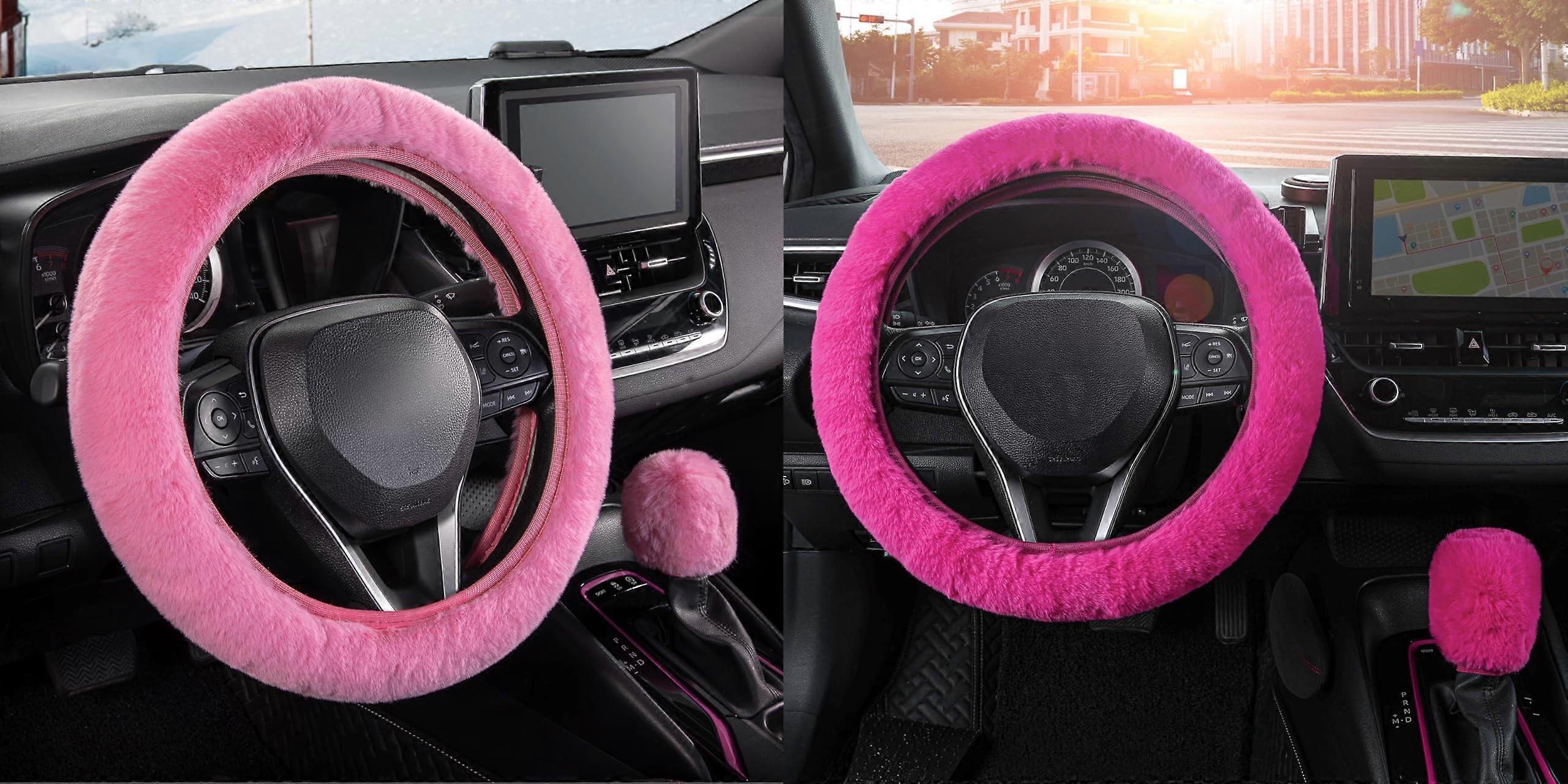 Furry Steering Wheel Cover Set with Gear Shift Cover, Pink and Magenta, 2 Pack, Soft Plush Material, Universal Fit