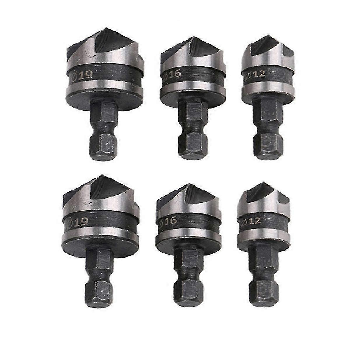 90-Degree Hexagon Shank Five-Edge Chamfering Tools [12/16/19mm] for Wood - Two Sets of 3pcs