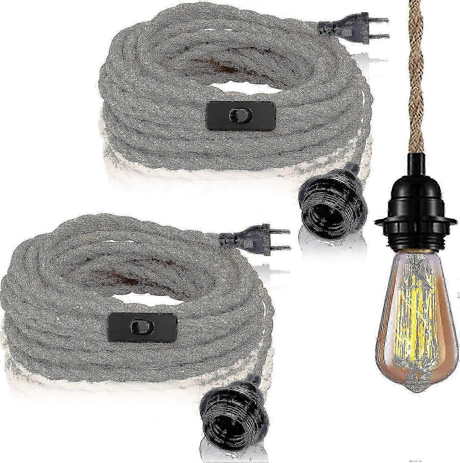 2 Pack Pendant Lights With Switch, Hemp Rope With 4.5m Cable, E27 Socket For Hall, Kitchen, Dining Table, Bar (without Bulb)