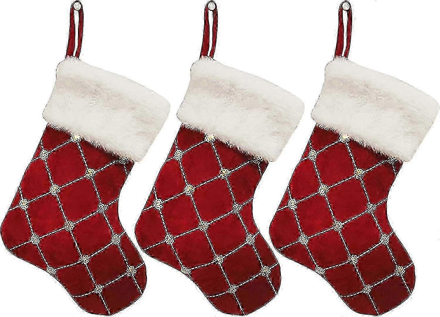 Set Of 3 Sequin Christmas Stockings, 9inch Checker Fireplace Stocking With Decorative Sequins