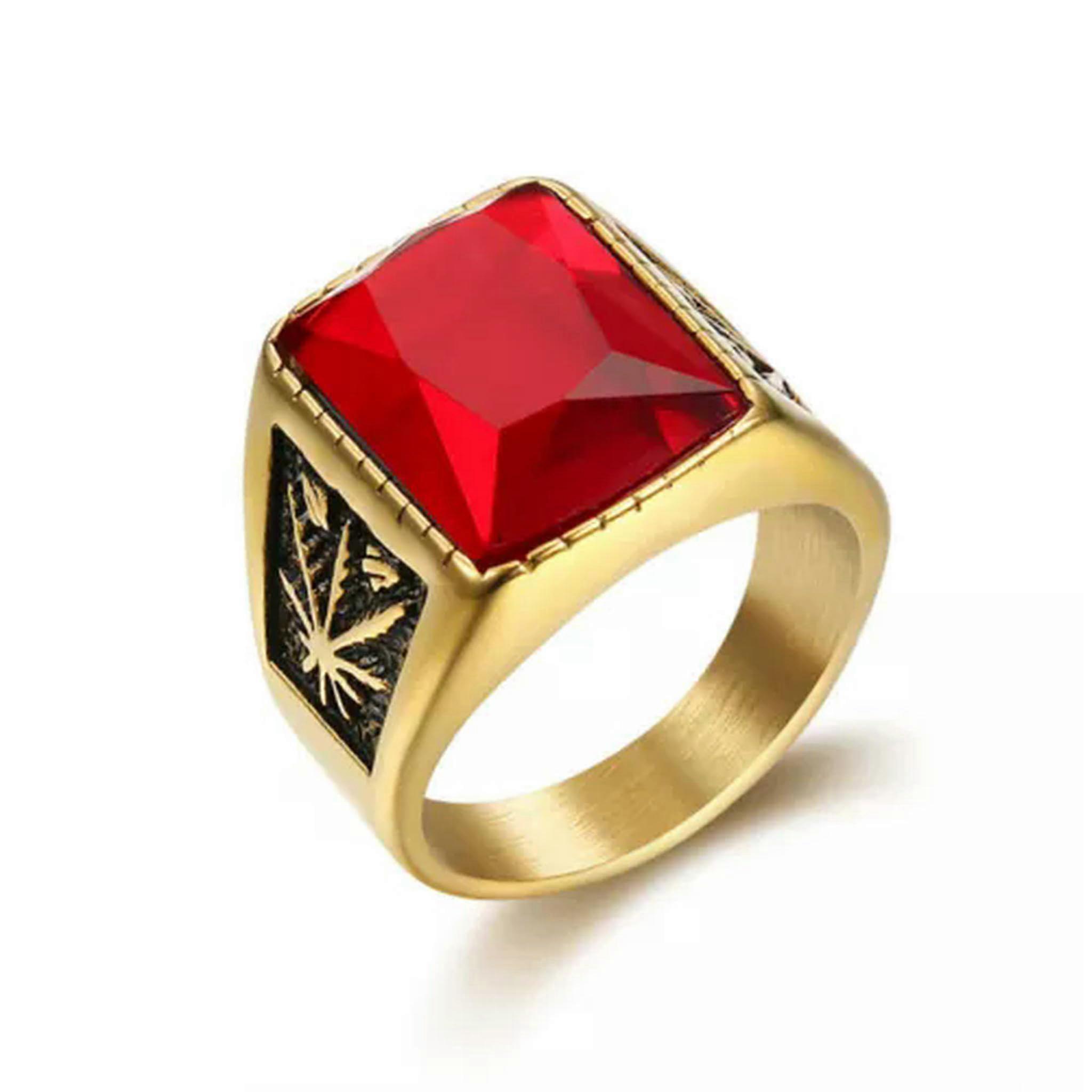 Simples Moda Jóias Homens Aço Inoxidável Maple Leaf Preto e Vermelho Ônix Anel 12 Ouro/Ouro Vermelho/Vermelho 12