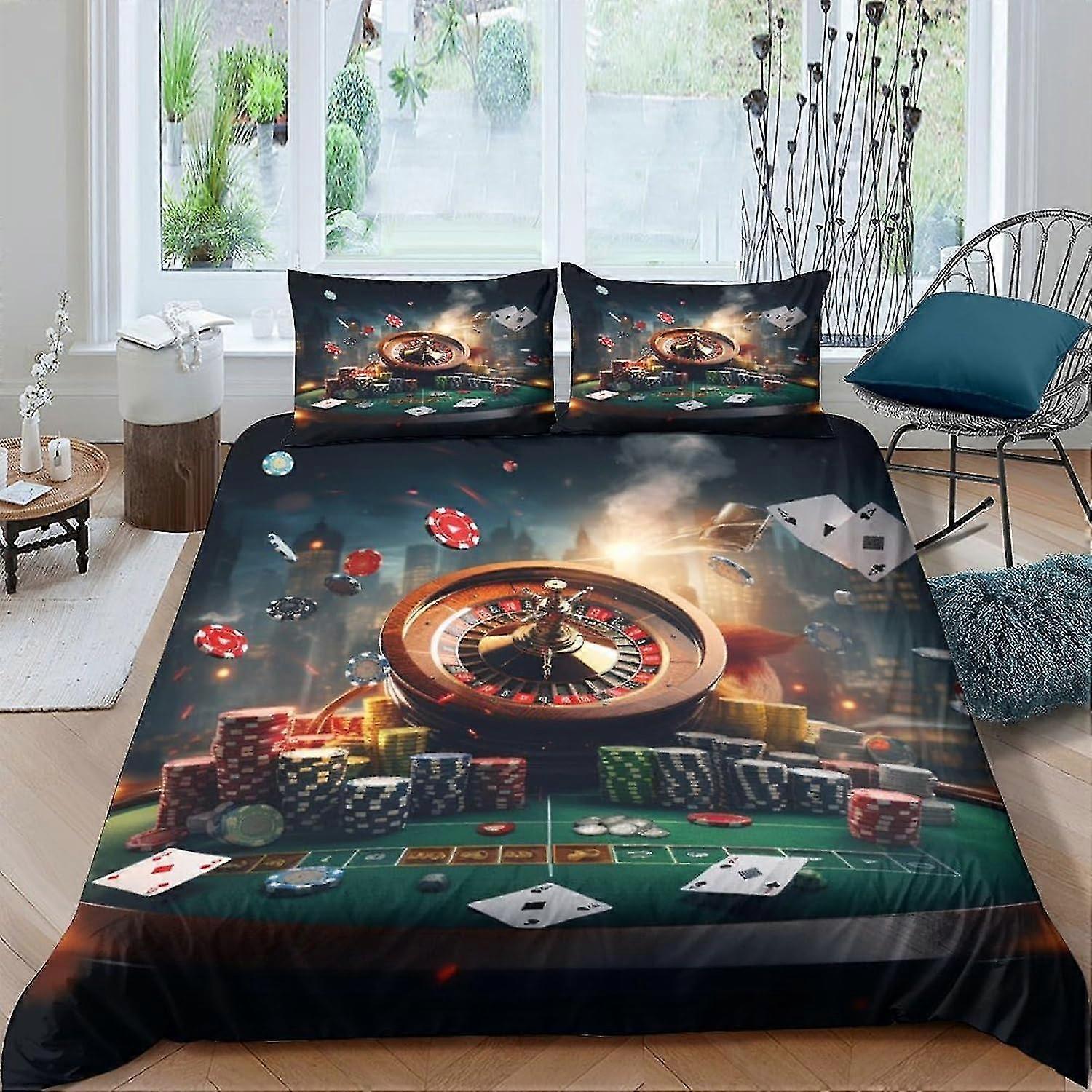 Conjunto de edredom com tema de jogo Roupa de cama, capa de colcha de 3 peças Easy Care com design de chips de cartão e fecho de zíper, fronhas de microfibra macia