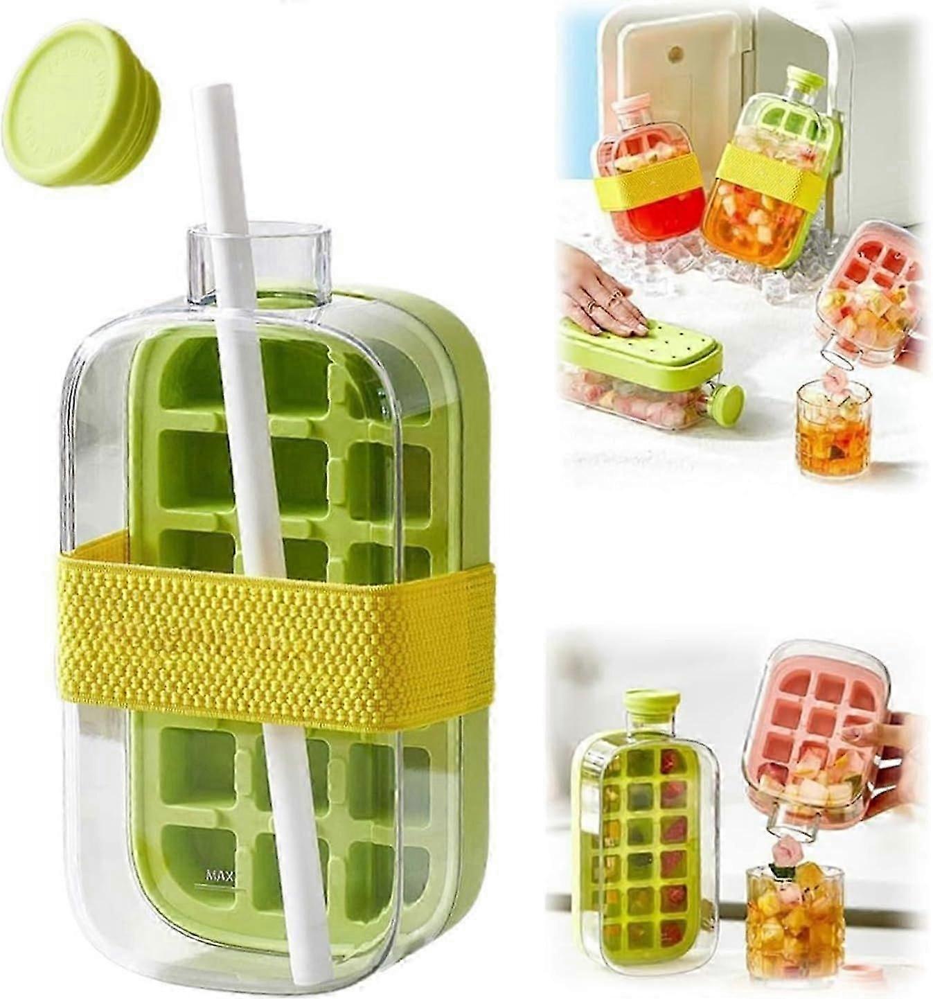 Ice Cube Bottle, 2 in 1 Touch-Free Ice Cube Tray Water Bottle with Lid and Bin, Ice Cube Making Bottle for Freezer, for Coffee, Flexible Silicone ICES