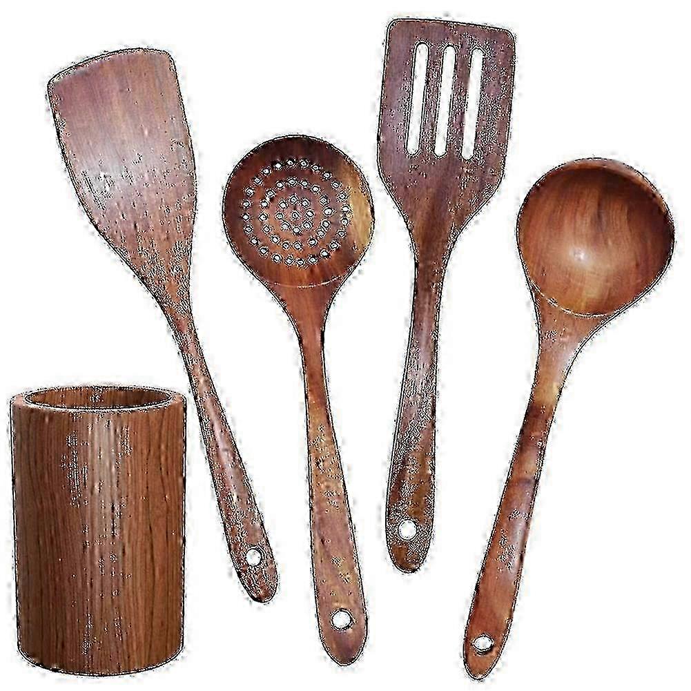 Teak Wooden Tableware Set with Stand - Kitchen Cooking Utensils Compatible with Non-Stick Cookware for Stylish Dining