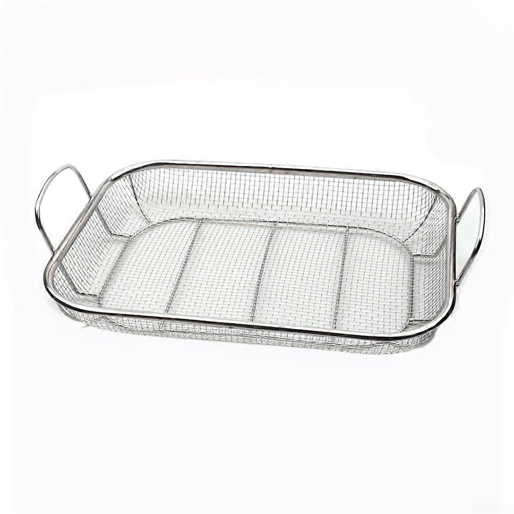 Square stainless steel basket for grilling and cooking, serving fruits and vegetables, with a practical handle, 42 x 28 x 10 cm, 5 cm (cleaning brush)