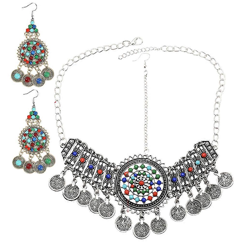 Retro Style Women chain Jewelry Set with Silver Alloy Headpiece and Adjustable Drop Earrings 7.5 Inches