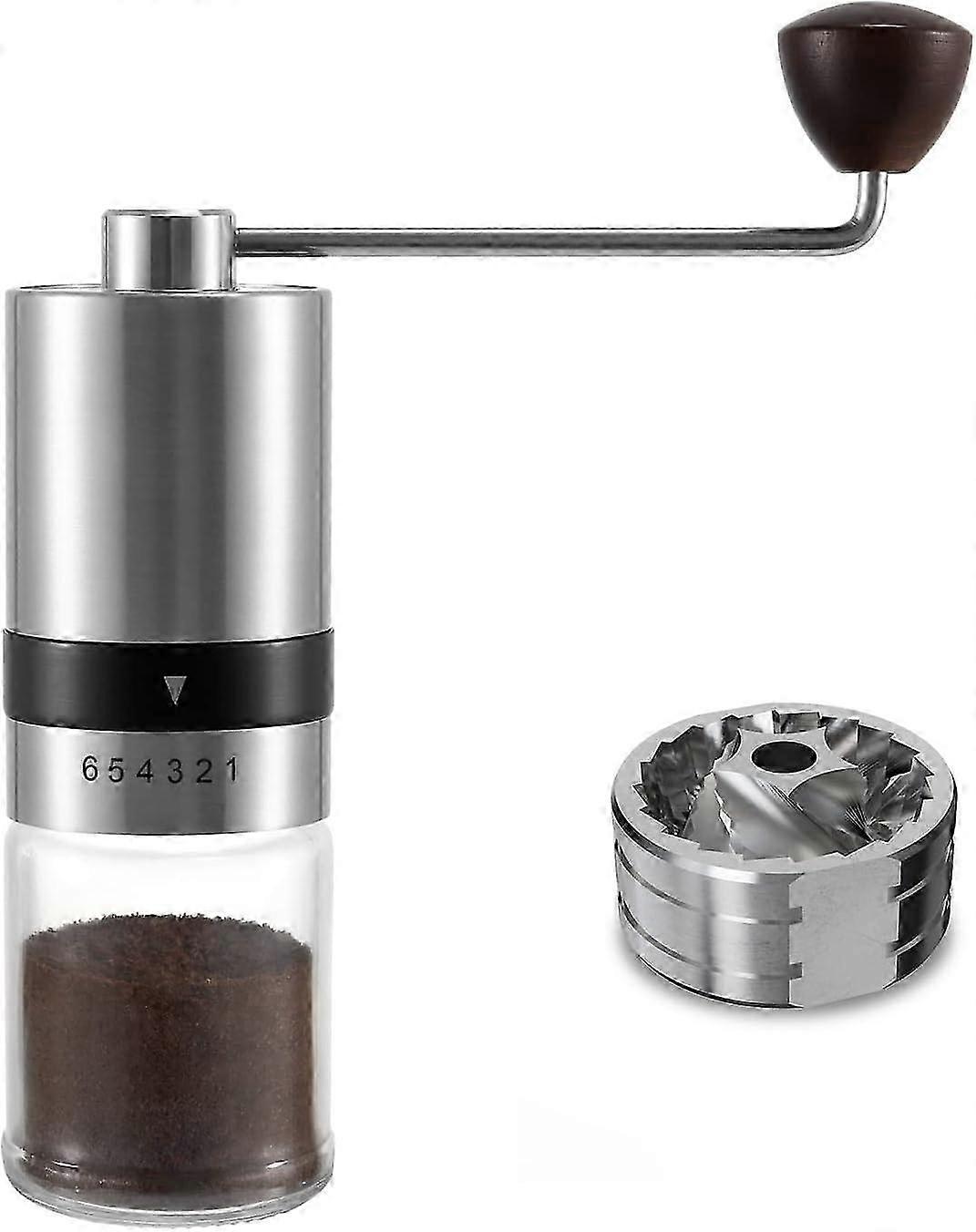 Silberne manuelle Kaffeemühle, 6 Grobheitsstufen, CNC-Edelstahlfräser, 30 g Fassungsvermögen, Handkurbel, leicht zu reinigen, Weihnachtsgeschenk