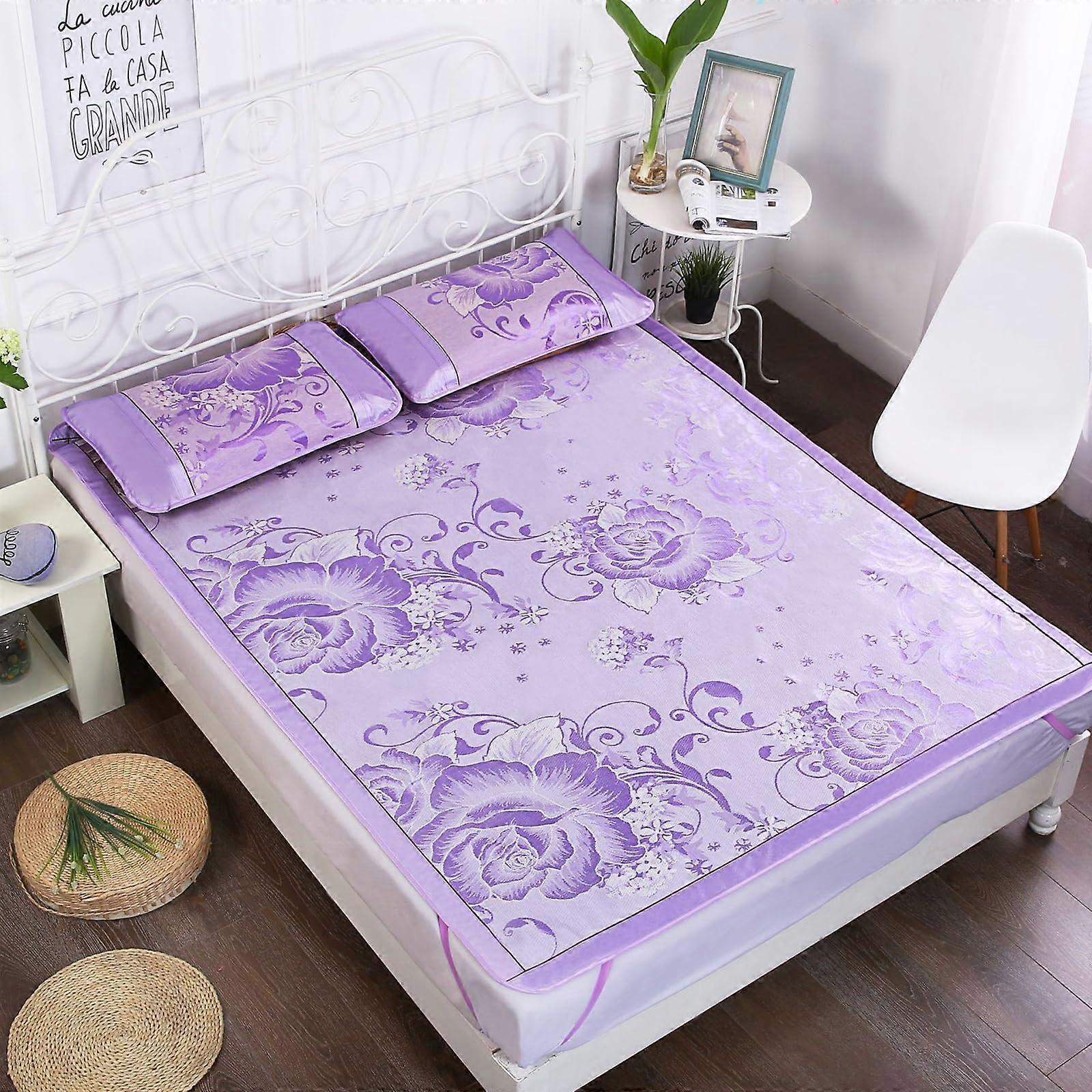 Summer Sleeping Mat Folding Cooling Bed Pad With Pillowcase Ice Silk Breathable Floor Mat Portable For Home Dorm Purple