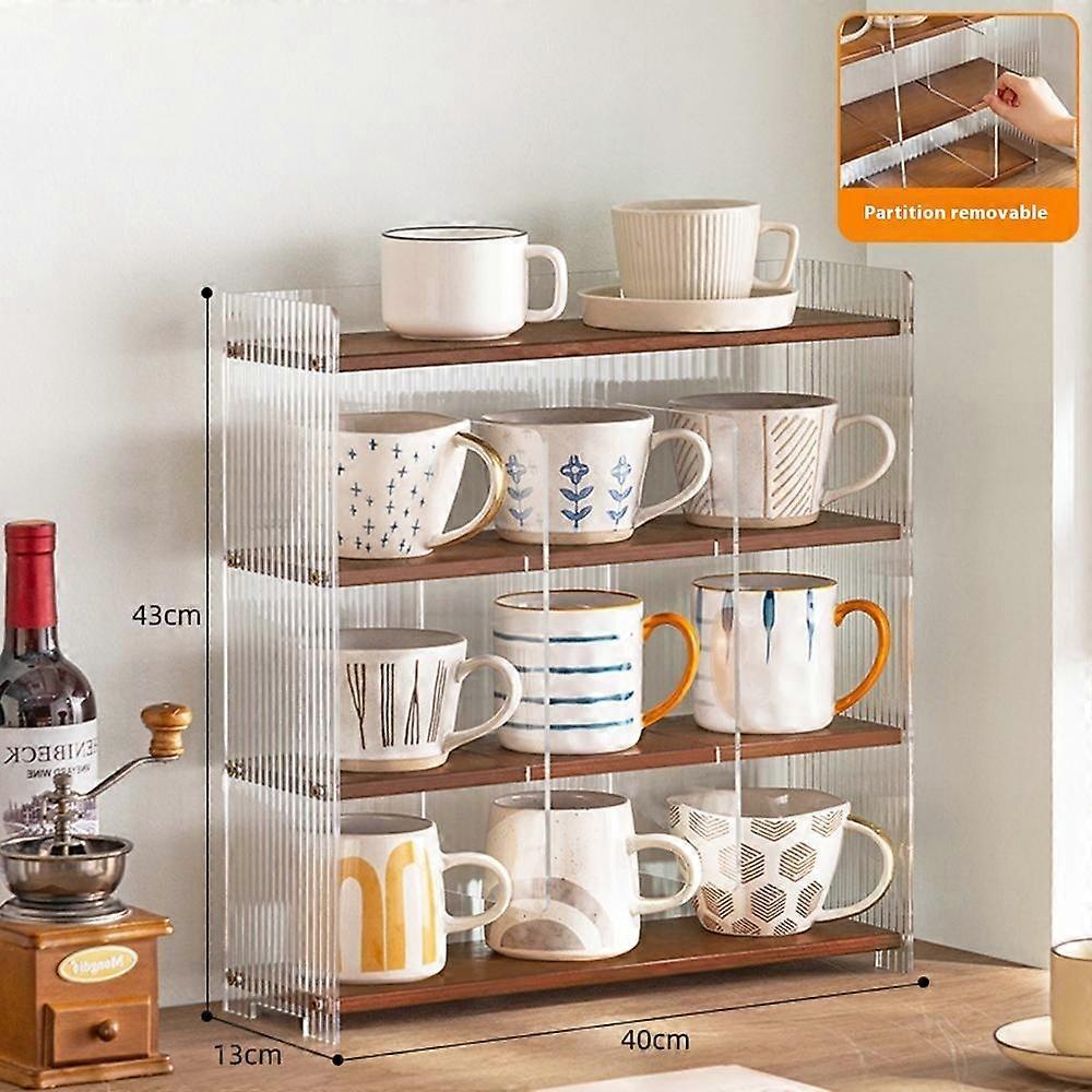 4-Tier 40cm Length Bamboo Cup Storage Rack Transparent Acrylic Organizer Shelf with Removable Divide