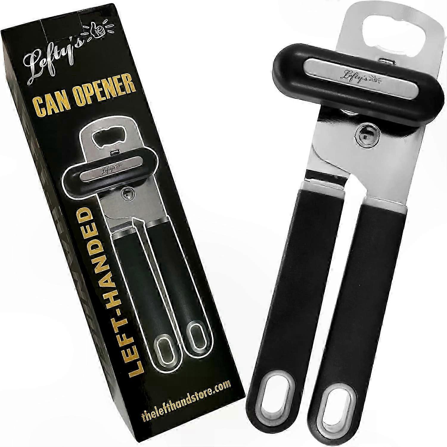 Can Opener for Left Hand Use, Durable Stainless Steel with Ergonomic Handle and Built-in Bottle Opener, Black