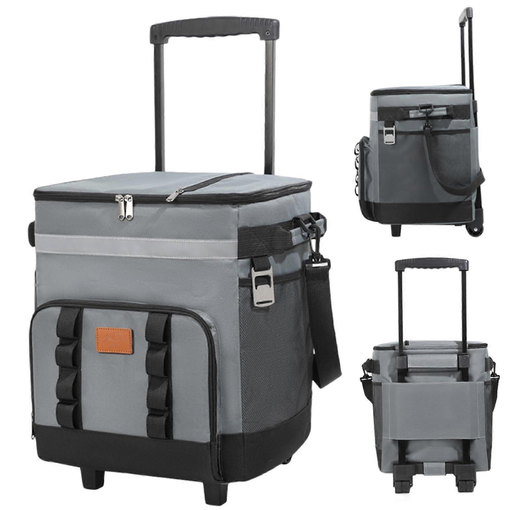 Cooler With Wheels And Handle 35L Collapsible Rolling Cooler Bag Waterproof Insulated Grey With Zipper Closure