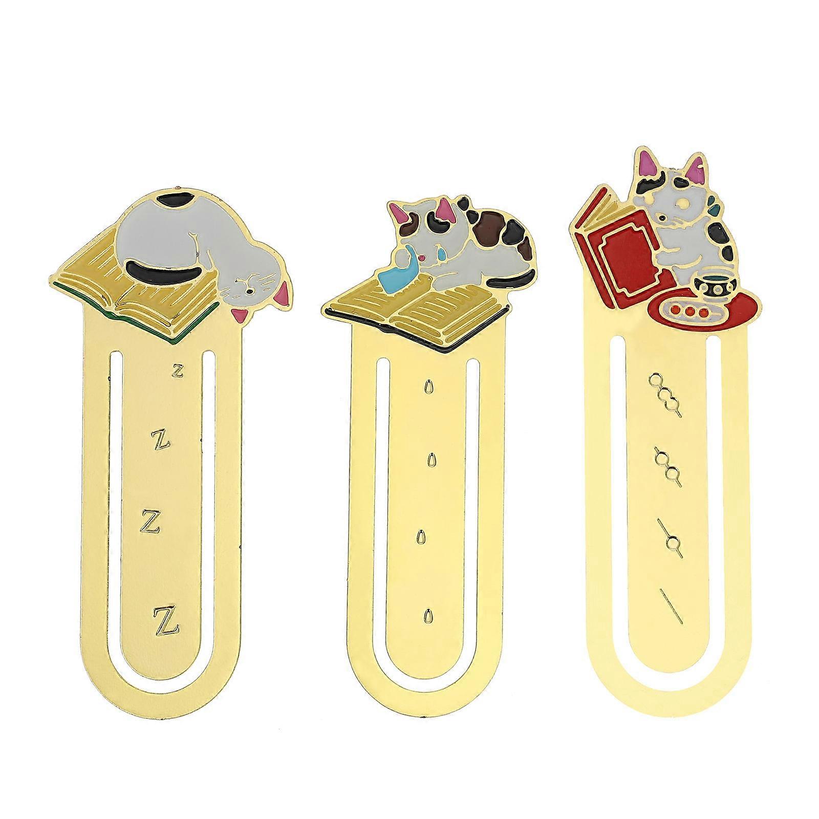 Brass Cat Bookmark for Students with 6Pcs Creative Cartoon Designs