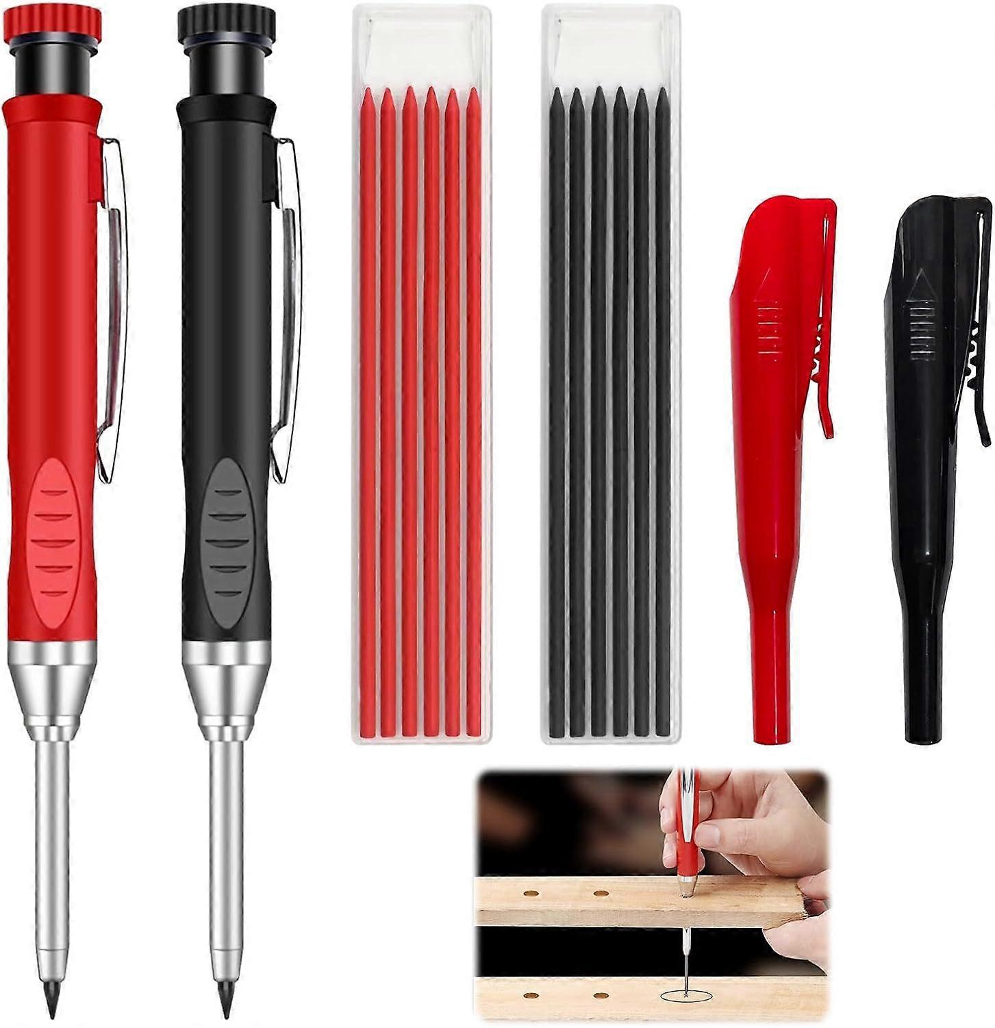 Qianeffort 2Pcs Carpenters Pencil Set with 12 Refills Construction Pencil with Built-In Sharpener Long Head Deep Hole Marker Builders Pencil for Woodw