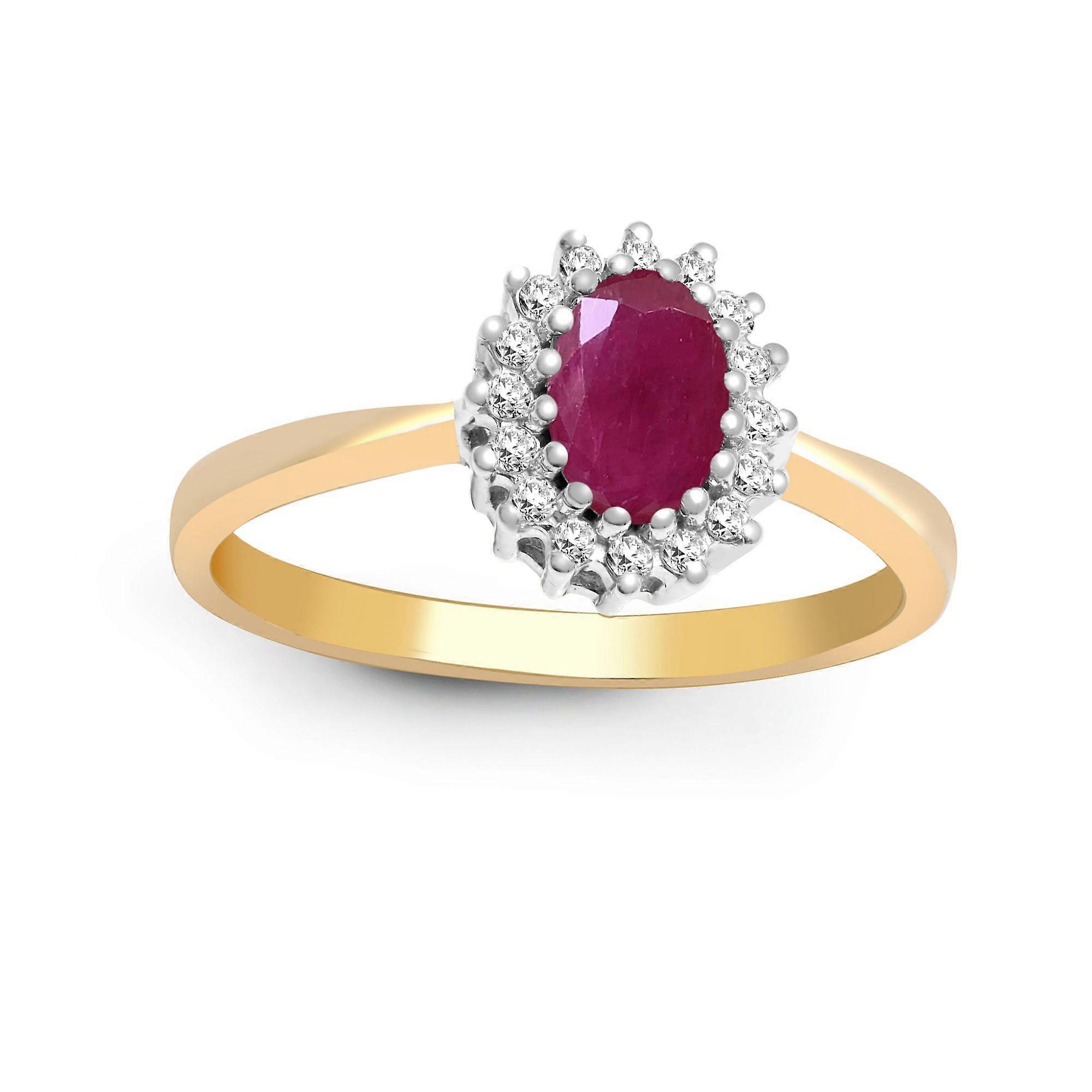 Jewelco London 9ct Gold Cluster Set H I2 0.12ct Diamond and Oval Red 0.6ct Ruby Classic Royal Cluster Ring 9mm