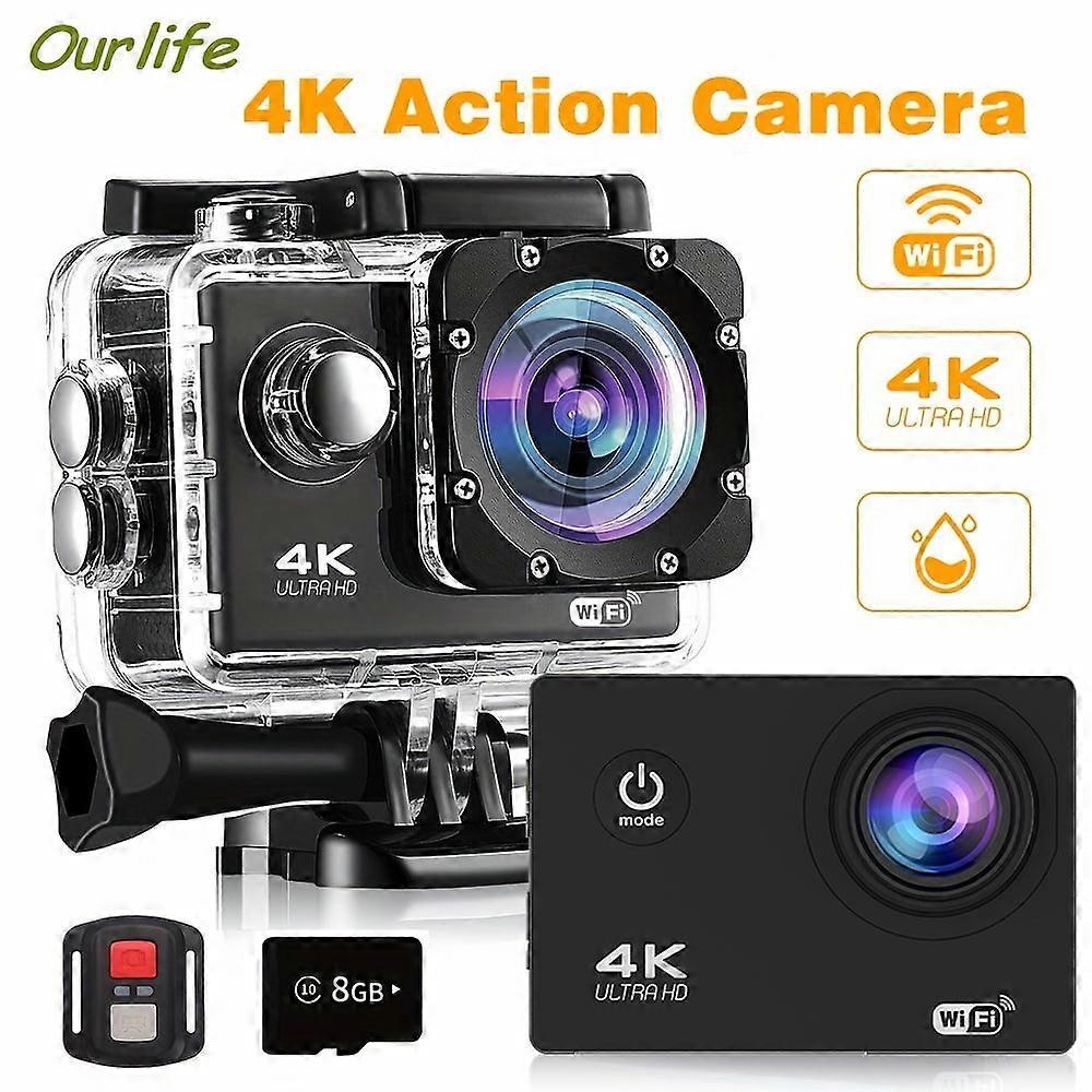 Action Camera 4K Ultra HD - Waterproof WiFi Remote Control 8GB Card 170° Wide-Angle Lens - Capture Your Adventures Like Never Before