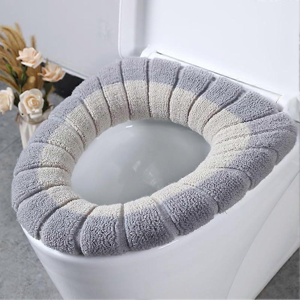 Washable Stretchable Toilet Seat Cover Soft Warm Polyester Mat with Strap for U Shape Toilets (Beige Gray)