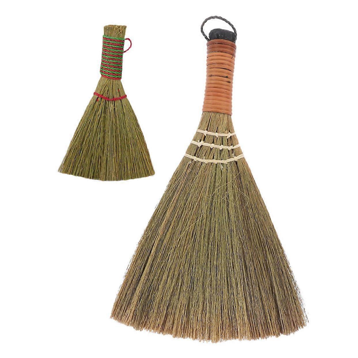 2 Pack Handheld Whisk Broom with Natural Grass Bristles for Dust Removal on Floors, Corners and Furniture