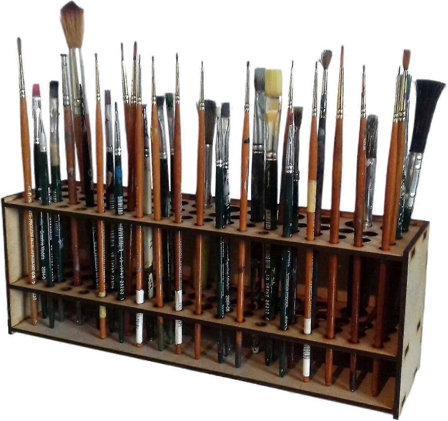 Wooden paint brush rack with multiple holes for easy access