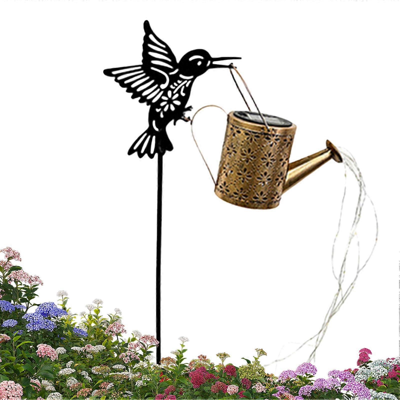 Solar Garden Lights Watering Can with Hummingbird Design, Weatherproof LED for Patio and Pathway