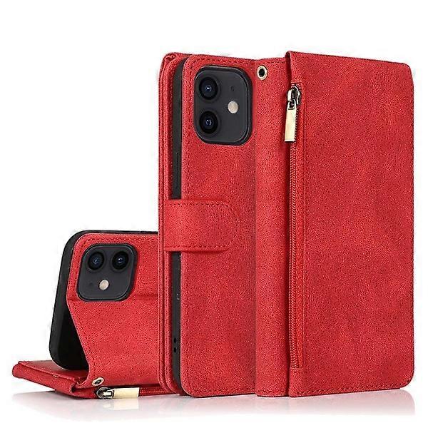 Compatible with iPhone 12 - Professional Rugged Floveme Wallet Case Red