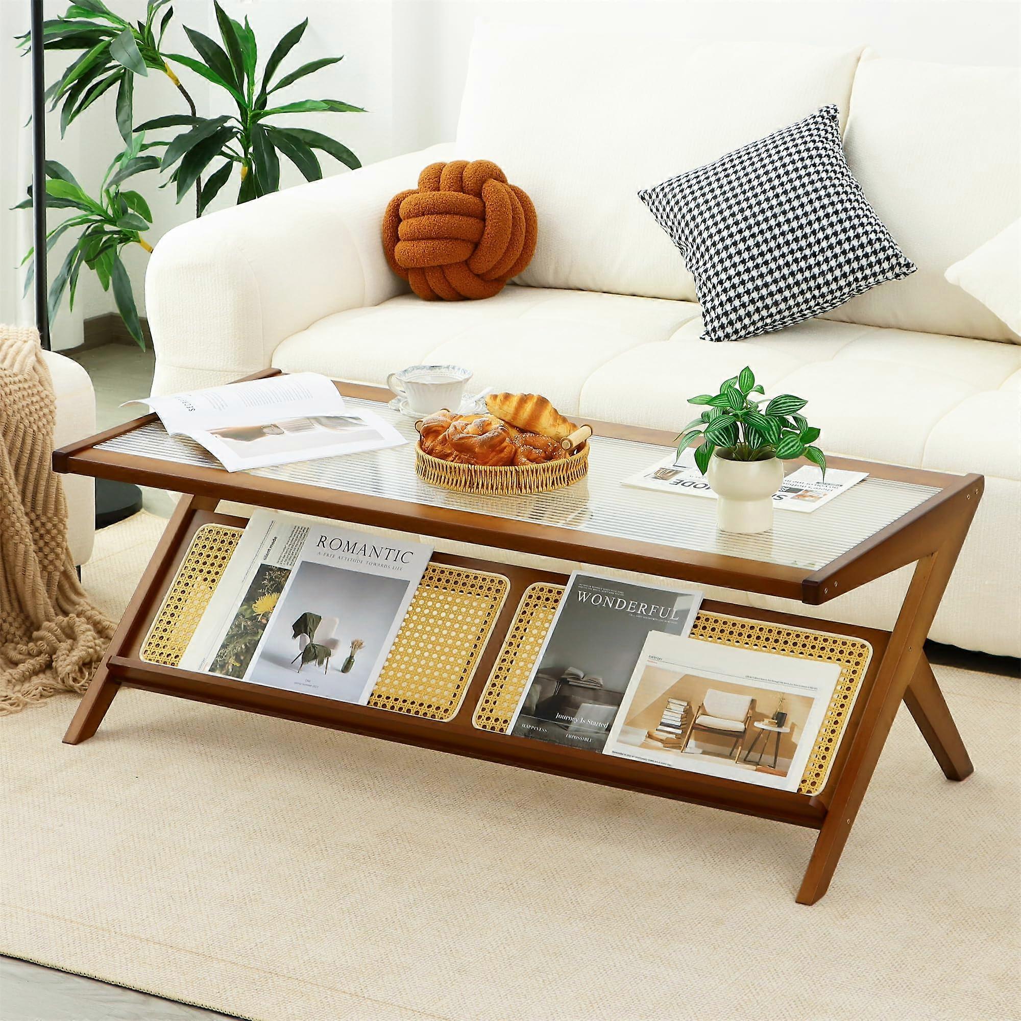 Bamboo Coffee Table with Glass  and Rattan Storage Shelf, MidCentury Modern Walnut