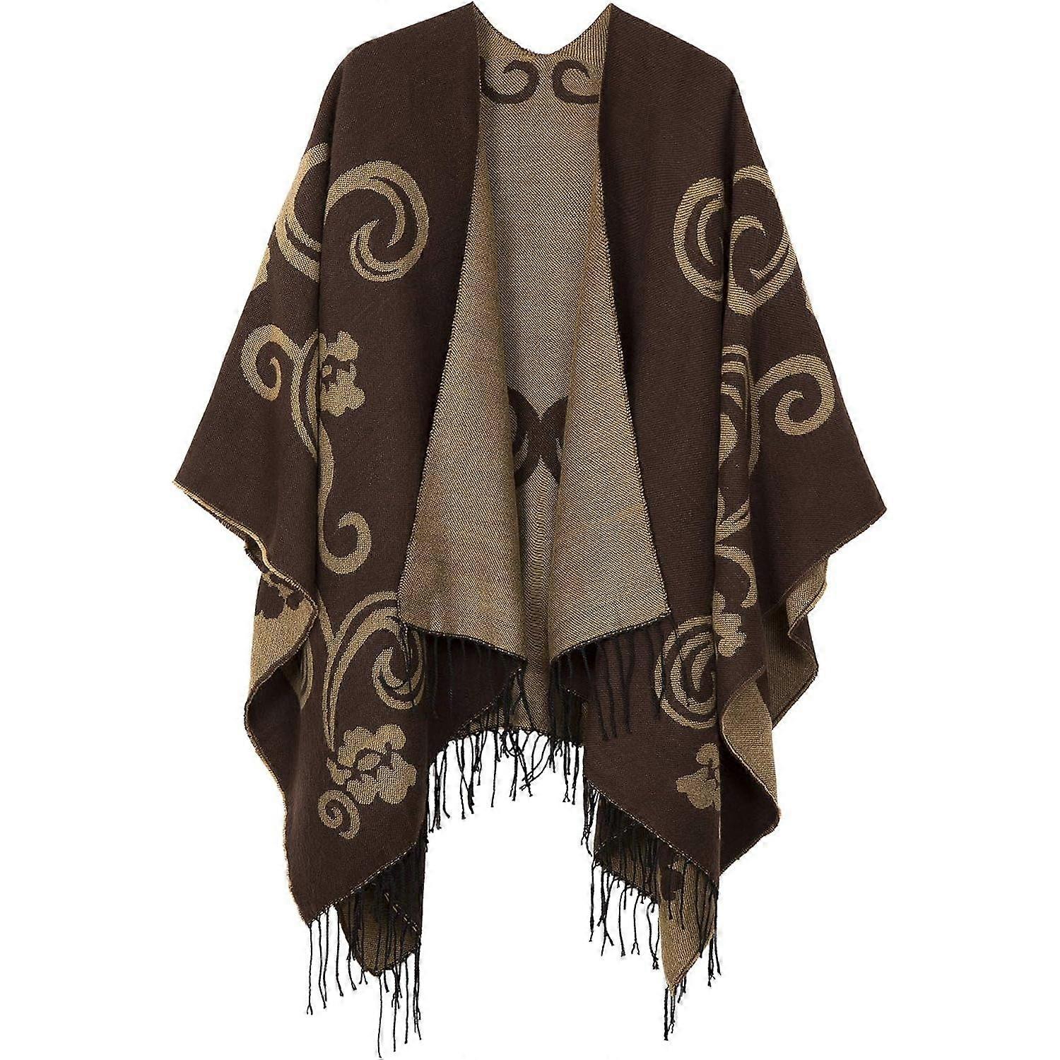 Women's Printed Cardigan Shawl with Front Fringe, Checkered Scarf with Puffed Corner Open Front with Wavy Shawl Wrap（Y0303）
