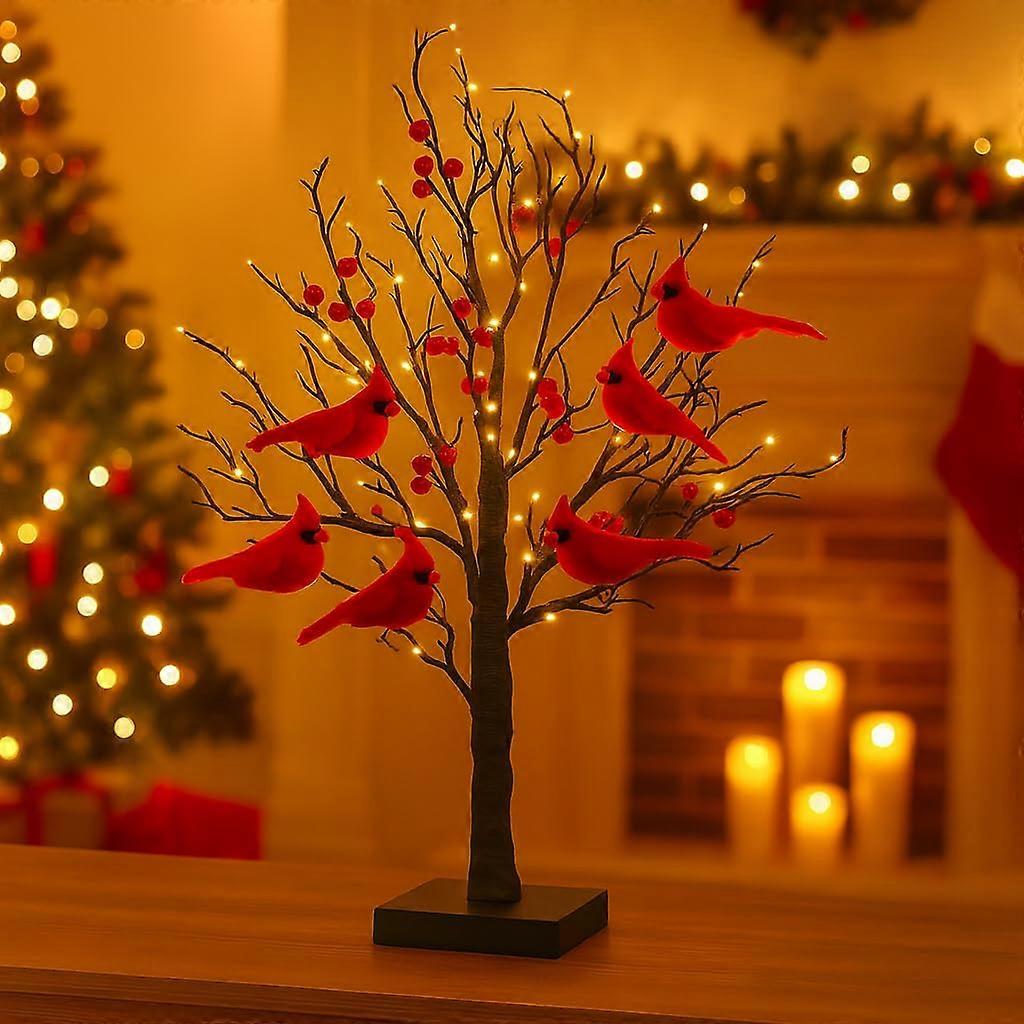 Vintage LED Christmas Tree with Cardinals, Warm Lighted Branches and Berries, Festive Centerpiece