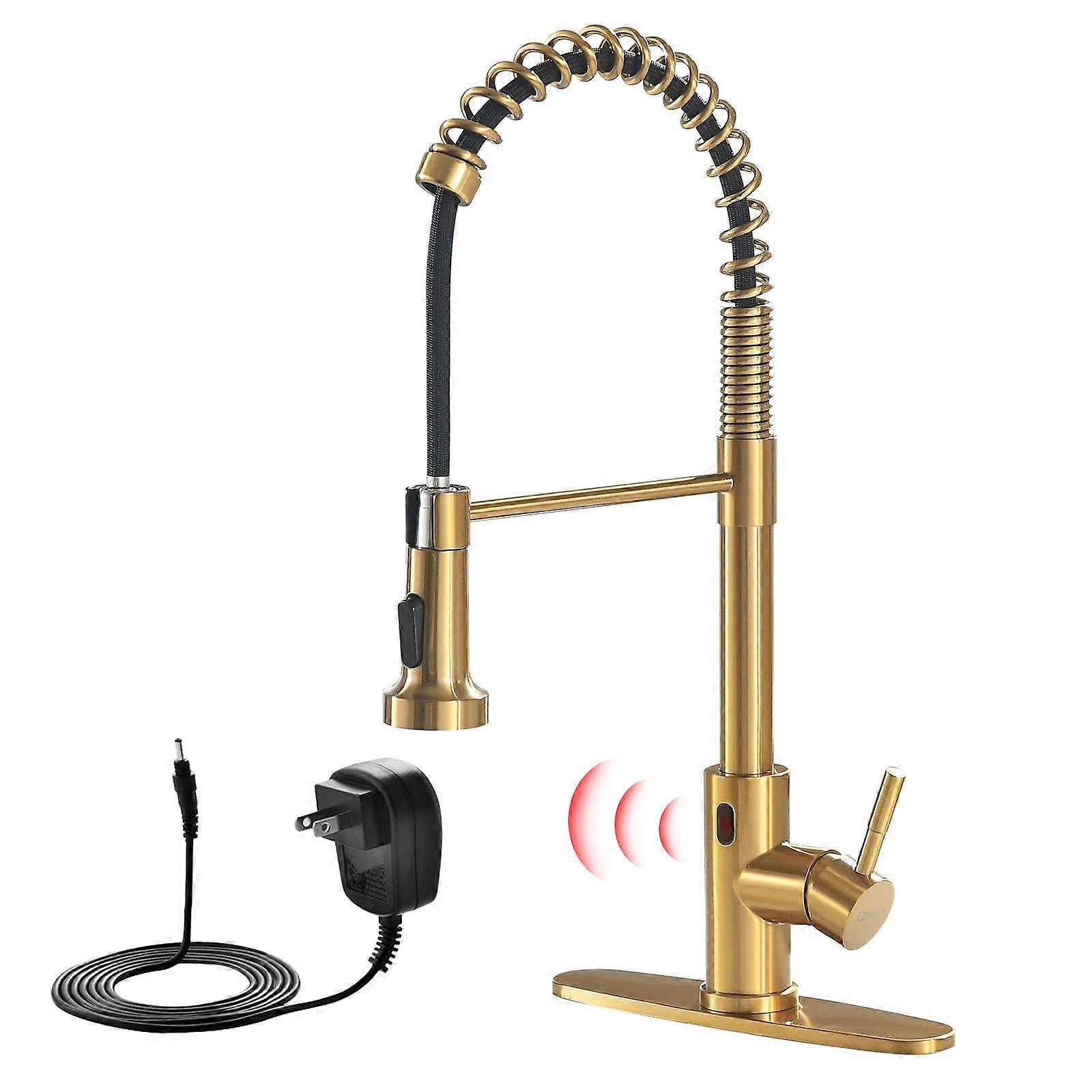 Brushed Gold Touchless Kitchen Faucet with Pull Down Sprayer, Smart Motion Sensor, Hands