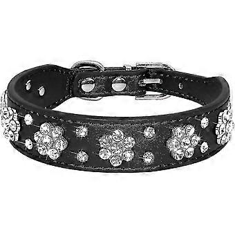 Niedliches Hundehalsband aus PU-Leder – Strassblumenmuster mit Nieten – 2,5 cm breit, passend für kleine und mittelgroße Hunde, schwarz (Größe: 28–33 cm), 2025