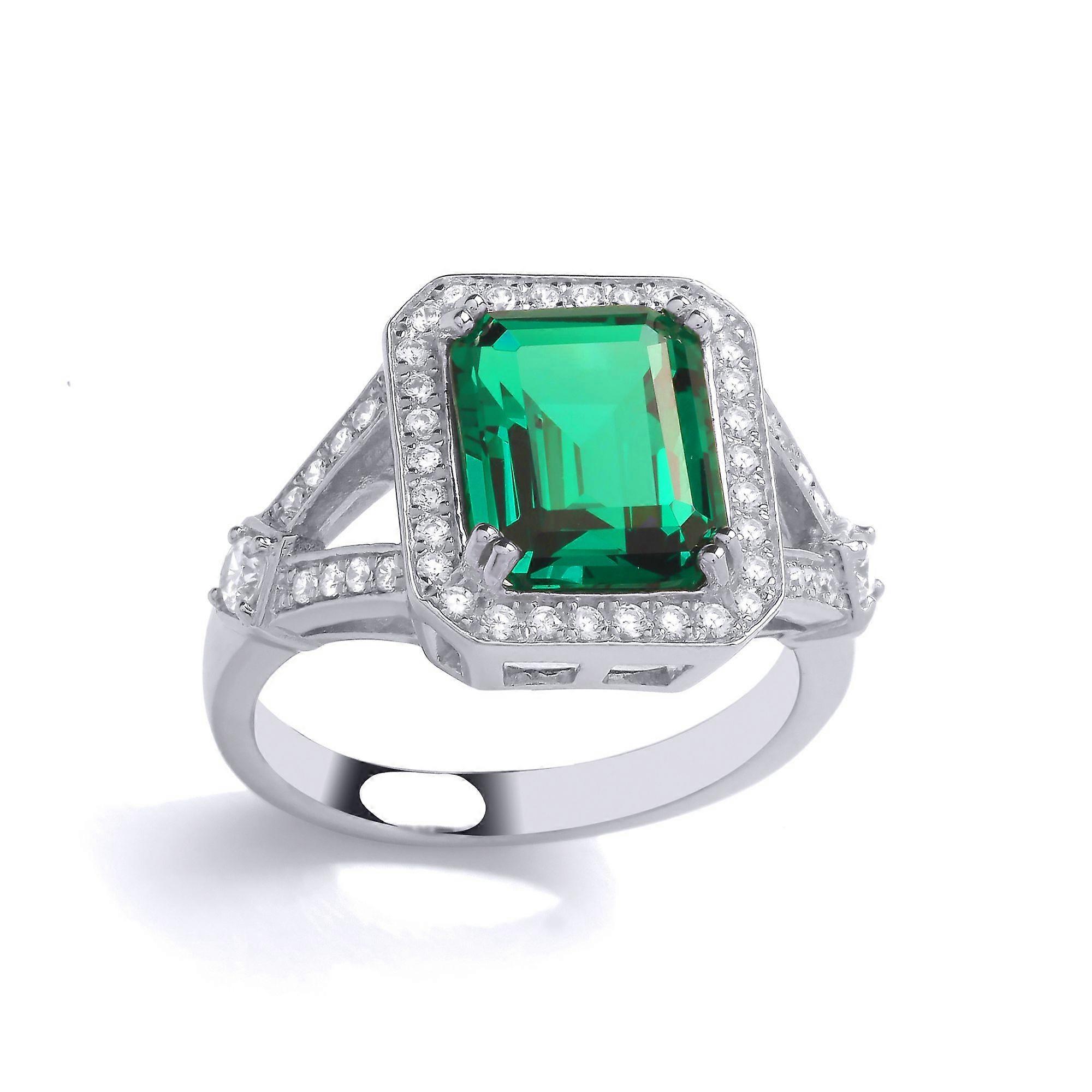 Jewelco London Ladies Rhodium Plated Sterling Silver Green Emerald CZ V Shoulder Octagon Halo Solitaire Cocktail Ring