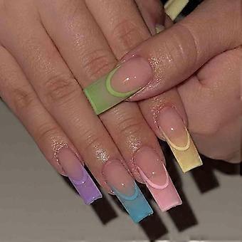 Set mit künstlichen Fingernägeln zum Aufkleben, quadratische French-Tip-Acrylnägel, 24 Stück, farbenfroh, vollständige Abdeckung für Frauen