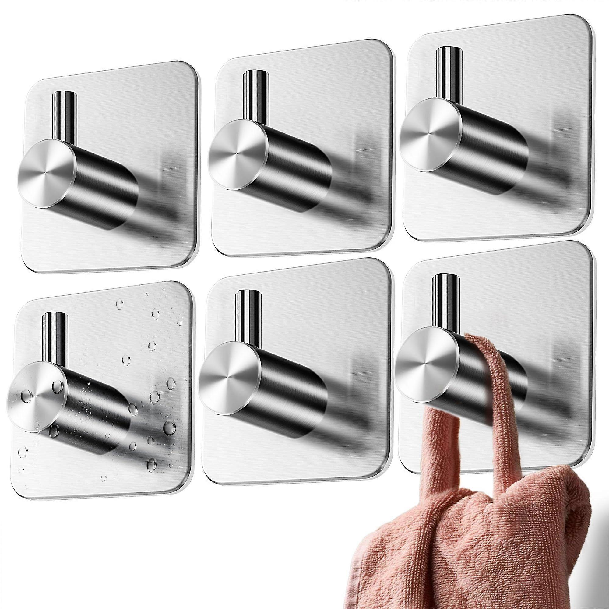 Self Adhesive Hooks 6 Pack Rustproof Stainless Steel Waterproof No Drill Wall Mounted Towel Holders