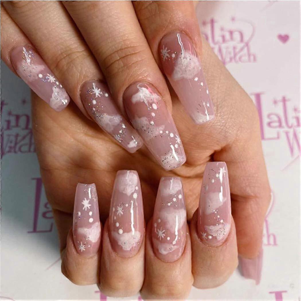 Extra Long Coffin Press On Nails Pink Cloud Butterfly Acrylic Transparent False Nails Set 24pcs