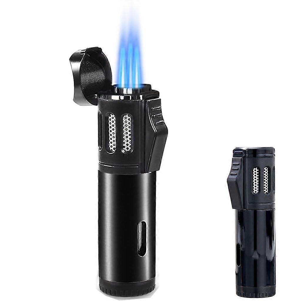 Butane Torch Lighter Triple Jet Flame Windproof Refillable Adjustable for Grill Kitchen Camping Black