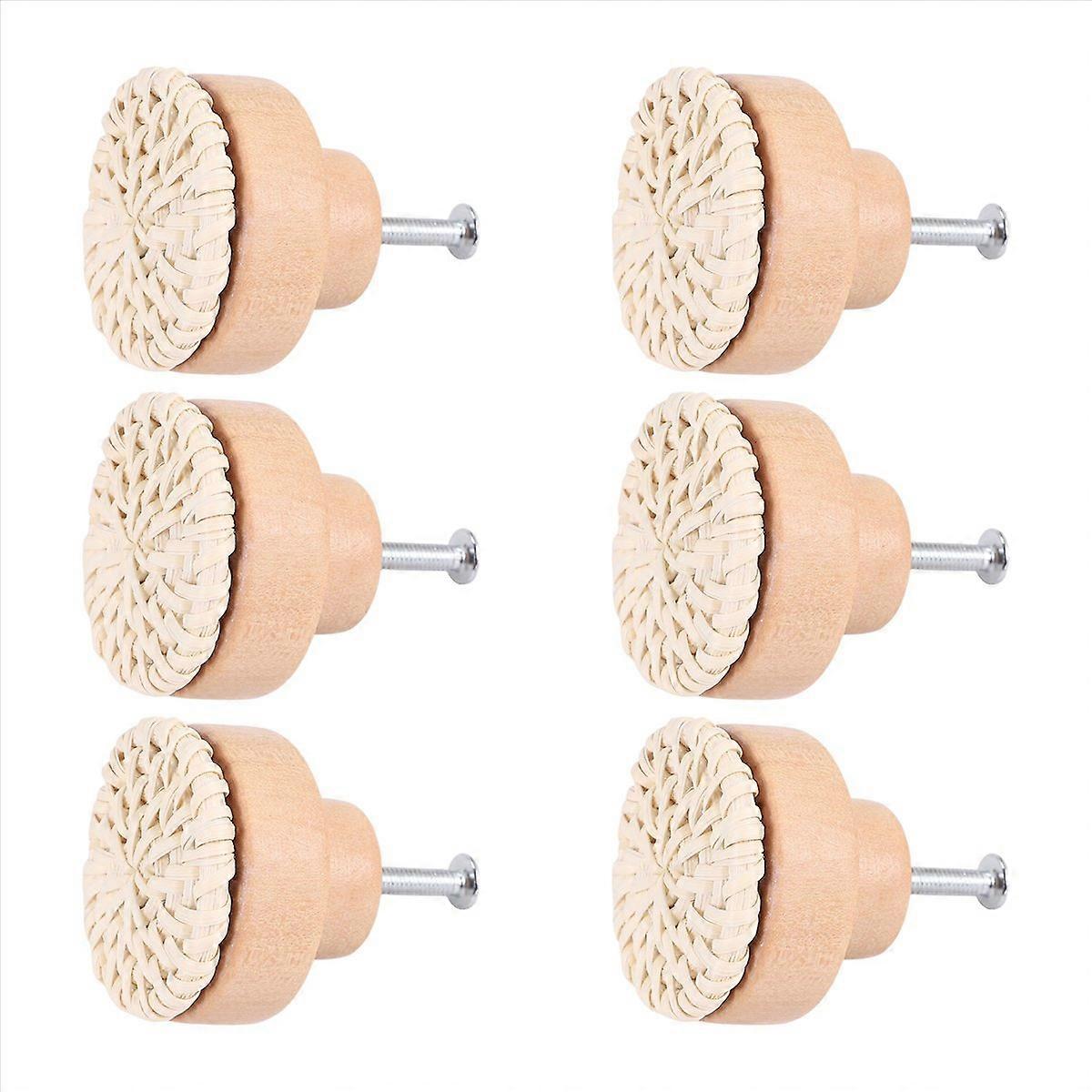 Boho Rattan Dresser Knobs Round Wooden Drawer Knobs 6Pc