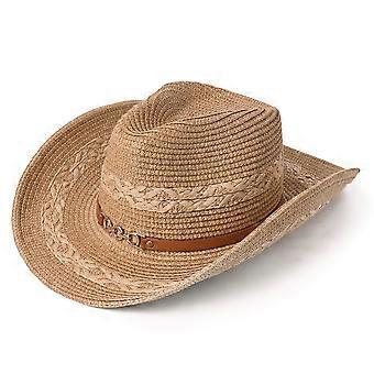 Western Cowboy Straw Hat, Wide Brim Sun Hat with Woven Trim, Metal Chain Strap, Leather Band for Outdoor Summer Use