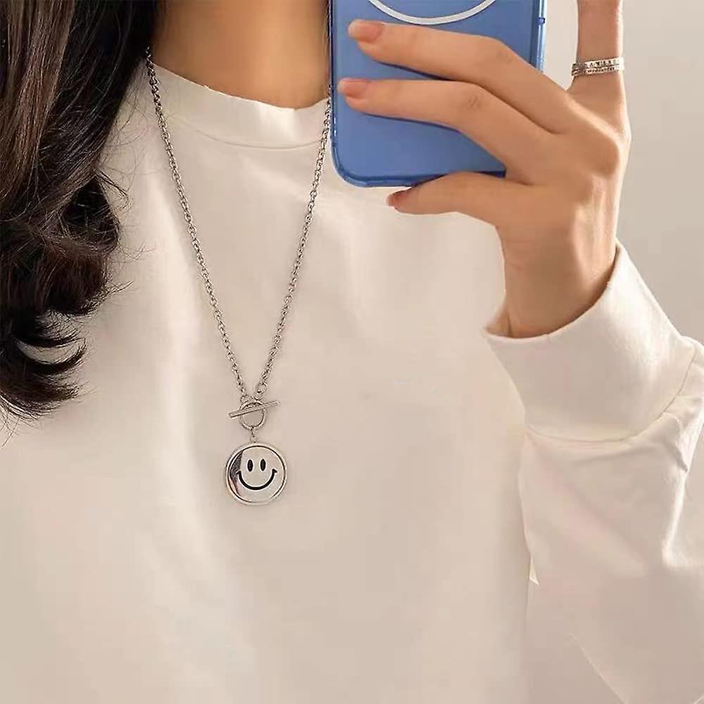 Injoehom Smiley Face Necklace - Stainless Steel Hip Hop Punk Safety Pin Pendant For Women & Men (Silver) - View #2