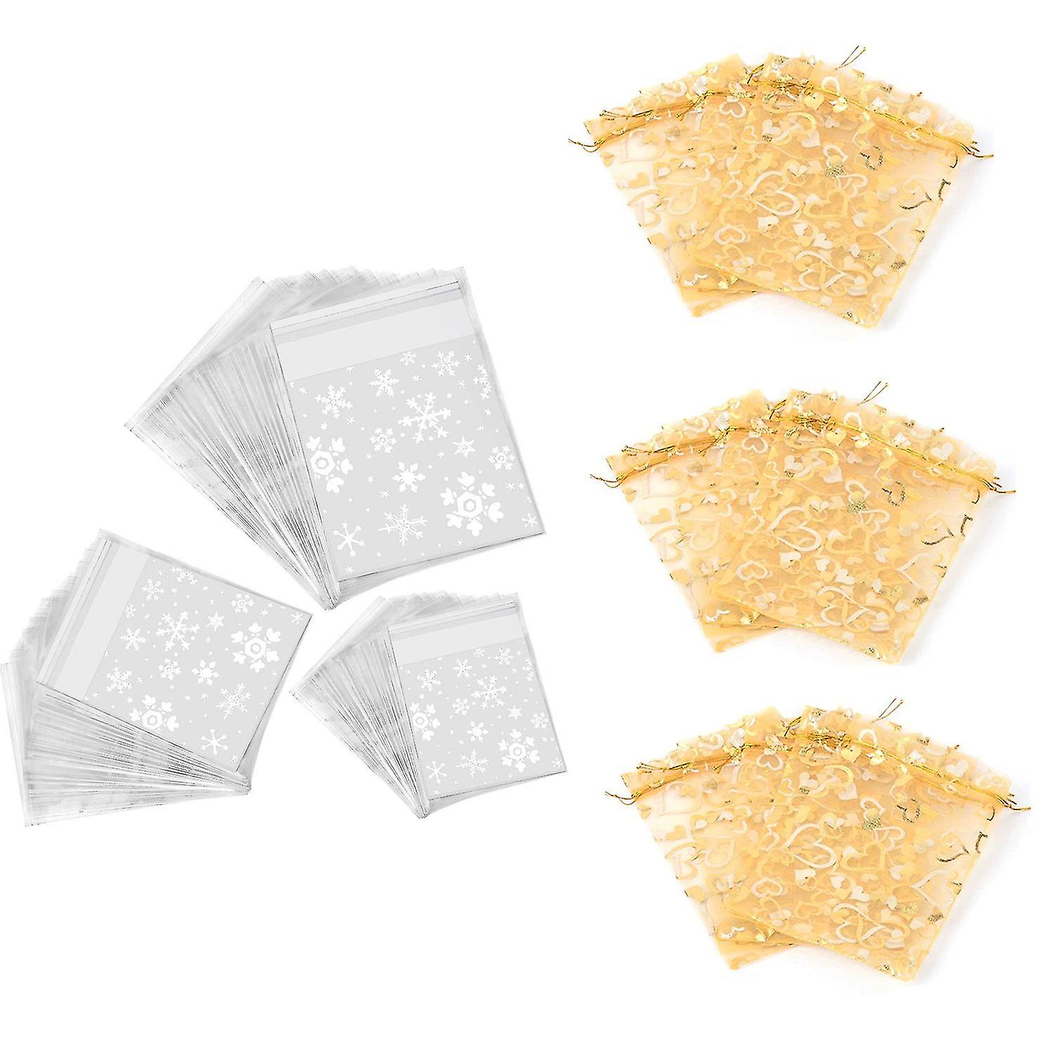 300 Counts Resealable Cellophane Snowflake Gift Bags With 100pcs 9x12cm Sheer Drawstring Heart Orga