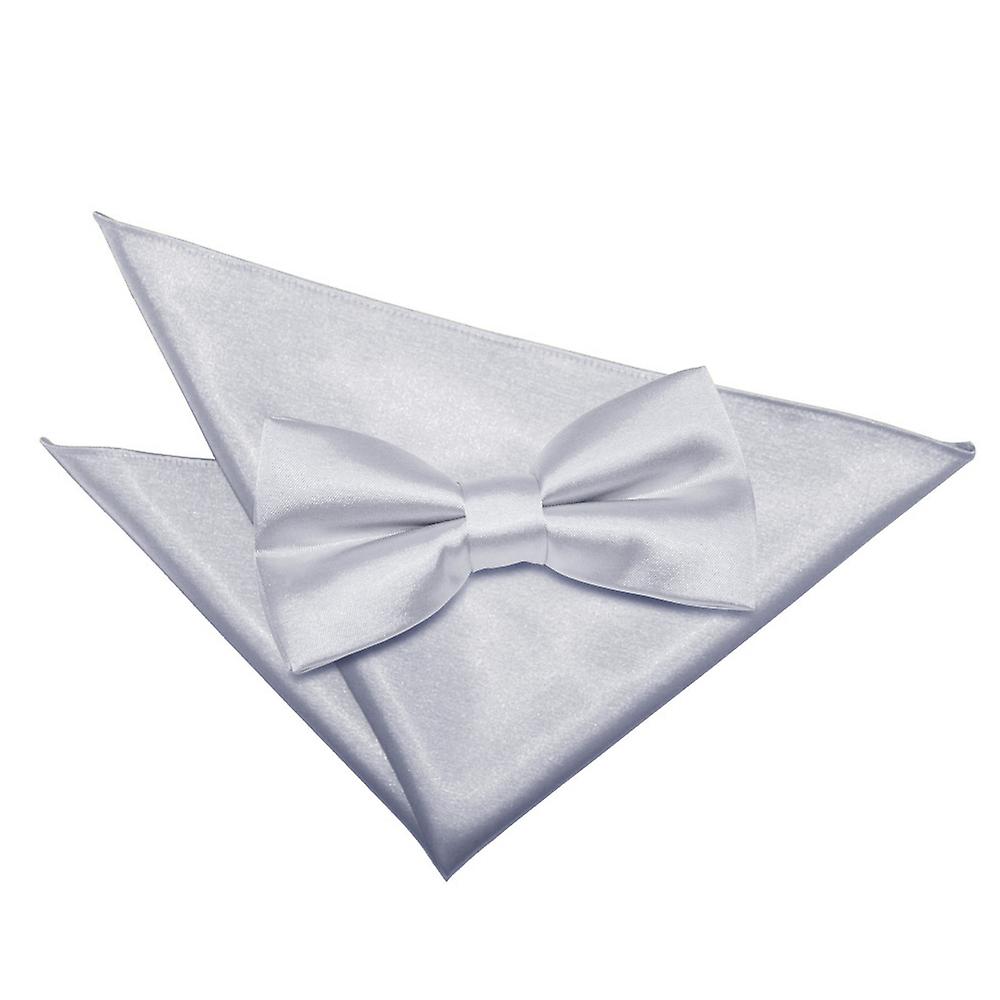 Silver Plain Satin Bow Tie and Pocket Square Set