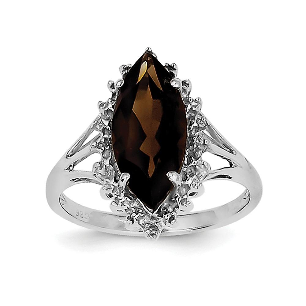 925 Sterling Silver Polished Rhodium Smokey Quartz Diamond Ring 2mm Wide Band Style-Ring for Women - Ring Size: 6 to 8
