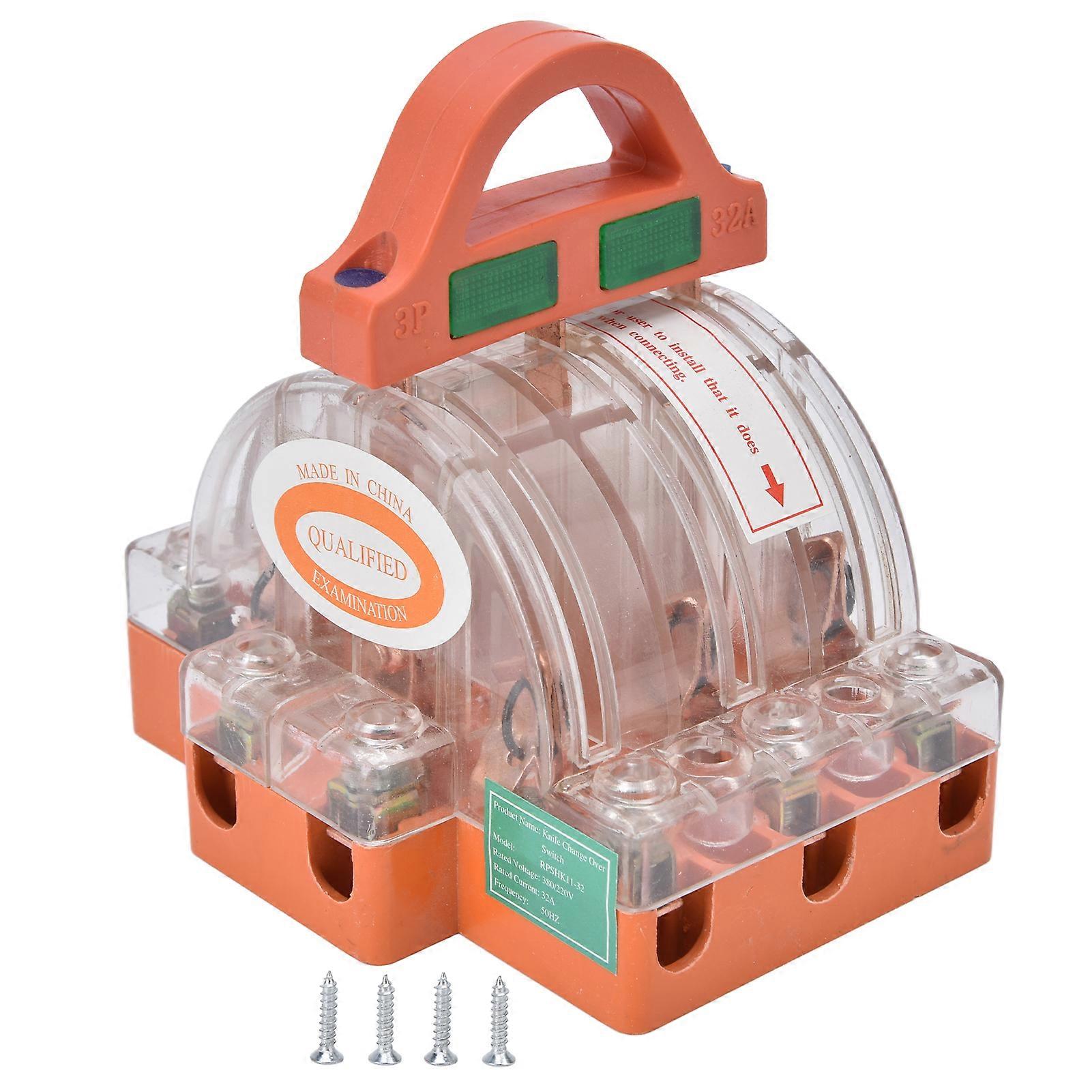 AC 380V 32A 3-Pole Knife Switch with LED Indicator, Copper Transparent Shell, Two-Way Disconnect Knife Switch