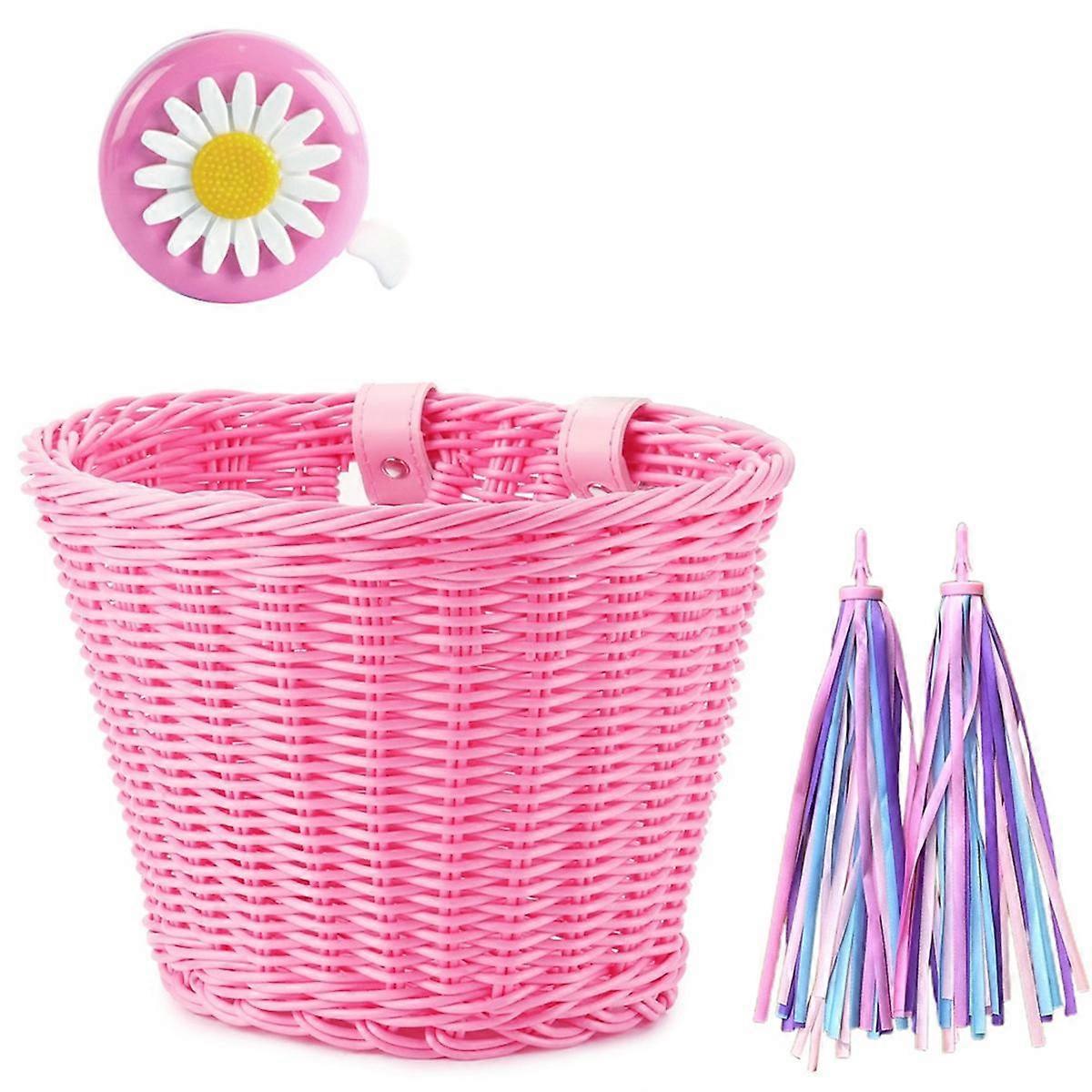 1Set Rattan Wicker Bicycle Front Basket+Bell+Tassel+Stickers Adjustable Handwoven Adult Bike Handlebar Accessories Pink