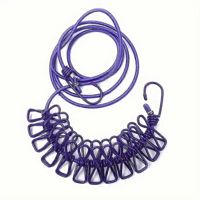 12-Clip Elastic Travel Clothesline - Superb Elasticity, Windproof, Non-slip - Portable for Outdoor, Camping, Beach, and Hotel Use with Rust-resistant