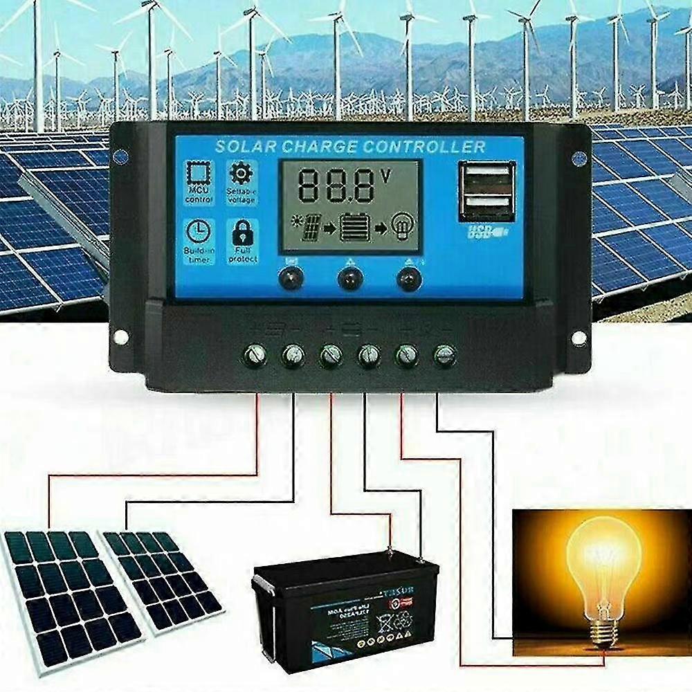 Panneau solaire portable 10a 20a 30a Contrôleur de charge de batterie Lcd Régulateur Dual Usb 12v / 24v