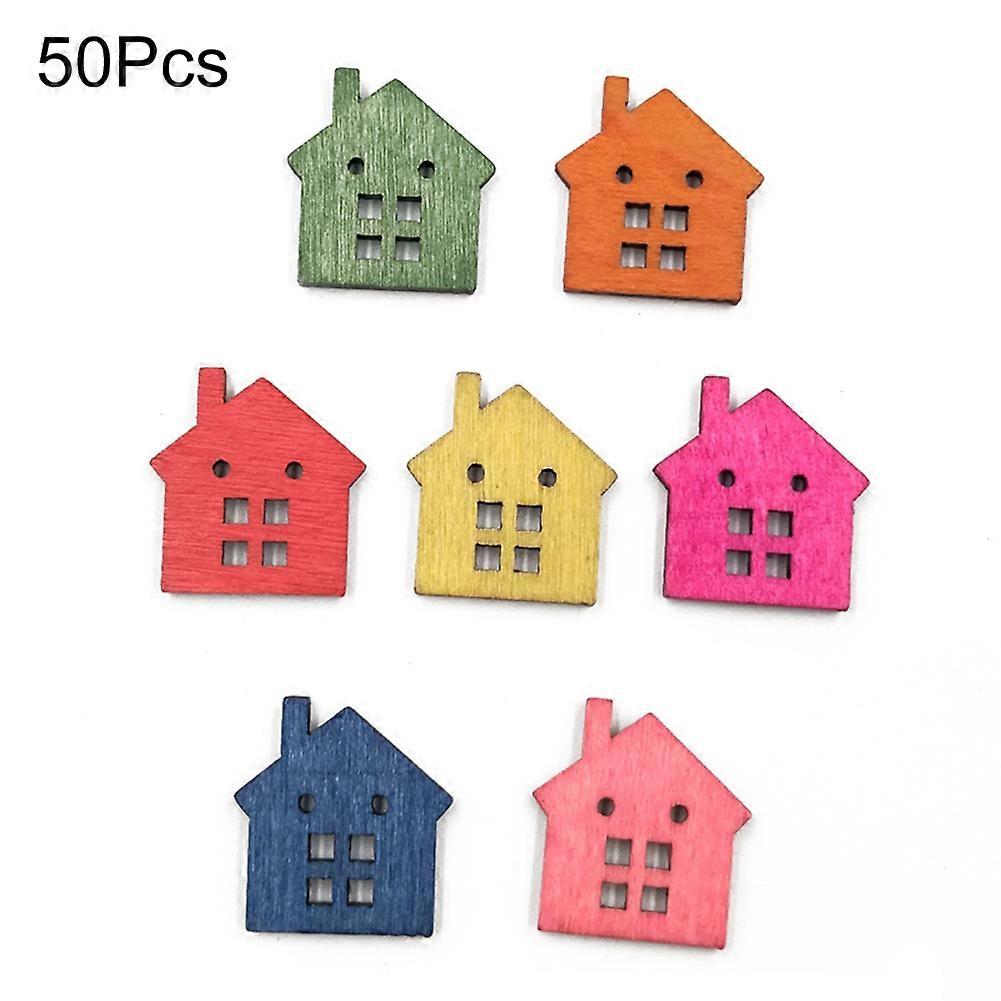 50Pcs Mini House Wooden Buttons Sewing Scrapbooking Cards Art Craft DIY Decor