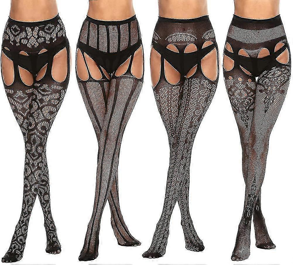 4 Pairs Black Patterned Goth Fishnet Tights Mesh Stockings Sexy Cross Pantyhose